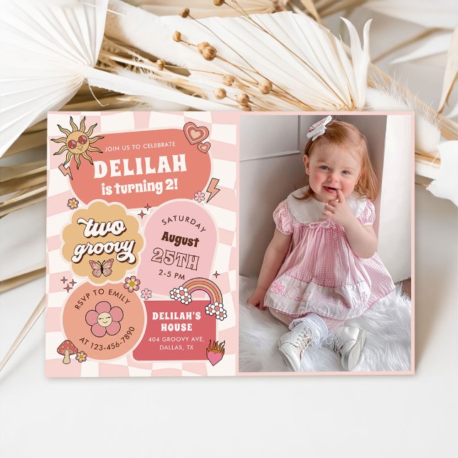 Invitation Deux Retro Super Daisy Girl 2e anniversaire Photo (Créateur téléchargé)