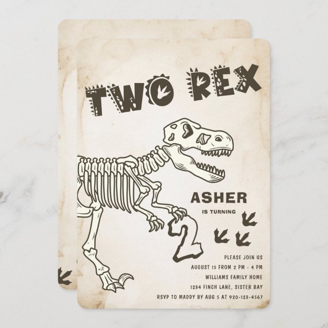 Invitation Deux Rex Dinosaur fête d'anniversaire (Devant / Derrière)