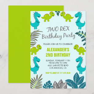 Invitation Deux rex garçon de fête 2ème anniversaire dinosaur
