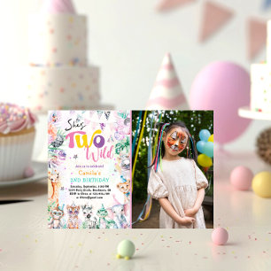 Invitation Deux Safari Tropical Sauvage Animaux Fille Anniver