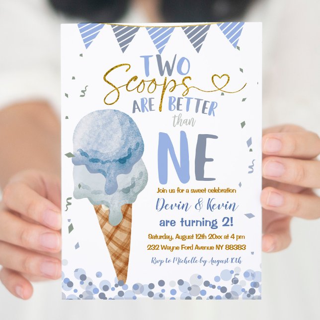 Invitation Deux Scoops Glace Cream Twin Boys été Anniversaire (Créateur téléchargé)