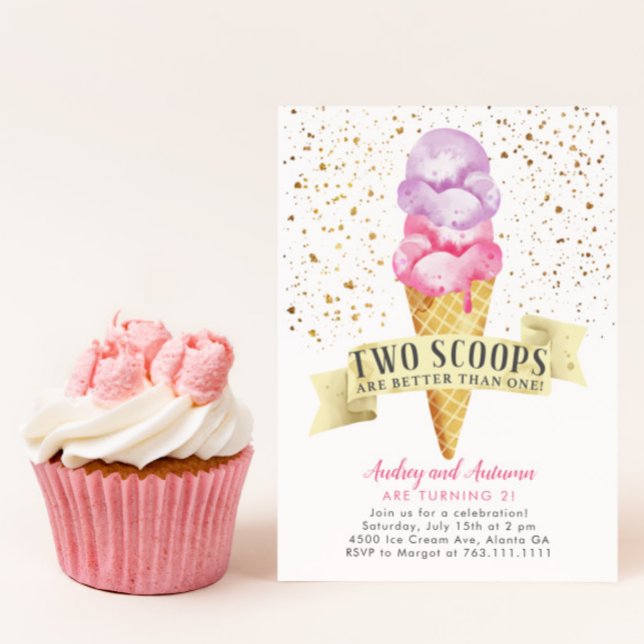 Invitation Deux Scoops Twin Girls Ice Cream fête d'anniversai (Créateur téléchargé)
