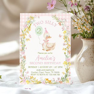Invitation Deux Silly Goose Floral Rose Gingham Fille Anniver