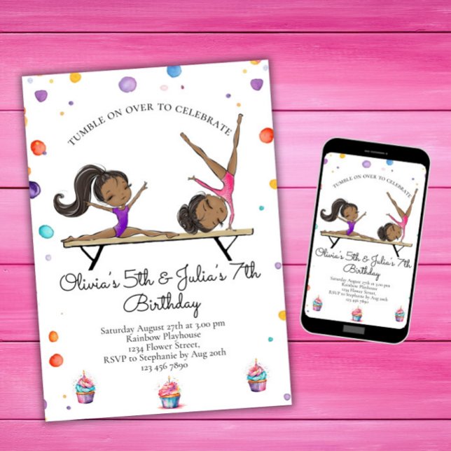 Invitation Deux soeurs jumelles Gymnastique Anniversaire (Créateur téléchargé)