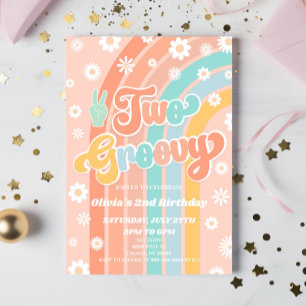 Invitation Deux Super Rainbow Daisy Retro 2e fête d'anniversa
