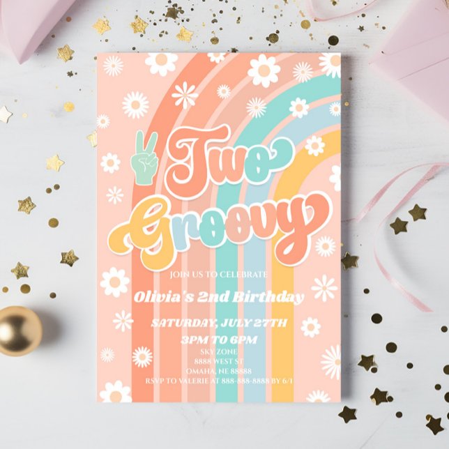 Invitation Deux Super Rainbow Daisy Retro 2e fête d'anniversa (Créateur téléchargé)