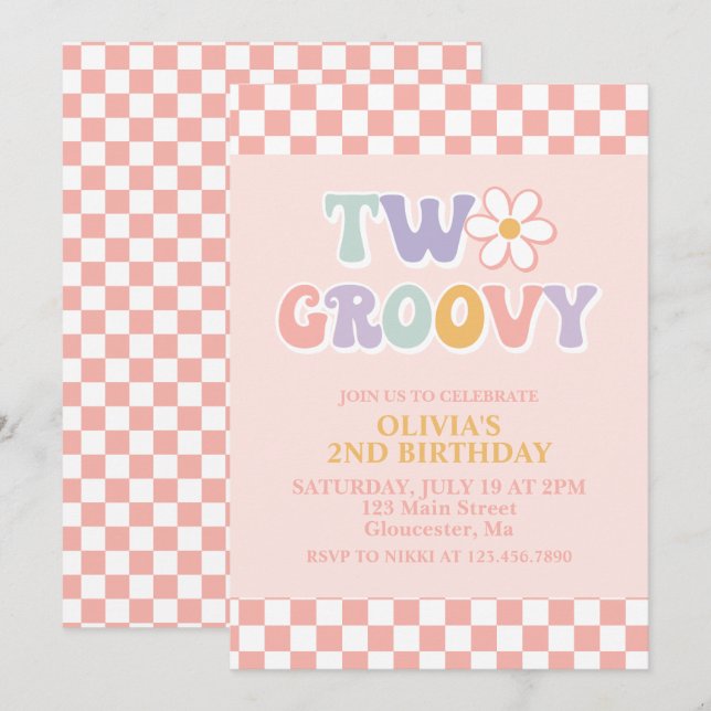 Invitation Deux Super Retro Daisy et Checker 2e anniversaire (Devant / Derrière)