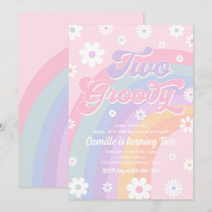 Invitation Deux Super Retro Daisy Pastel Rainbow Anniversaire