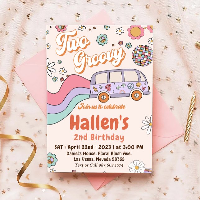 Invitation Deux Super Retro Daisy Rainbow 2e anniversaire (Créateur téléchargé)