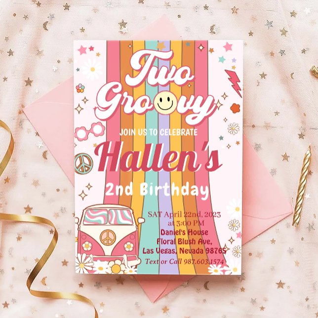 Invitation Deux Super Retro Daisy Rainbow 2e anniversaire (Créateur téléchargé)