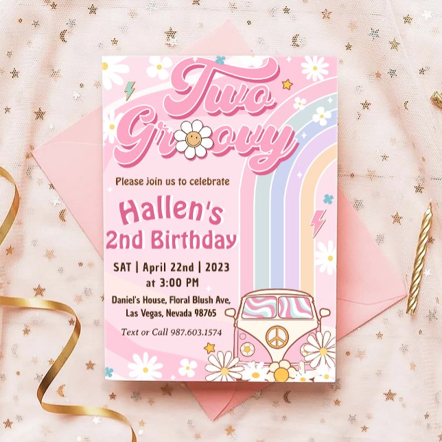 Invitation Deux Super Retro Daisy Rainbow 2e anniversaire (Créateur téléchargé)