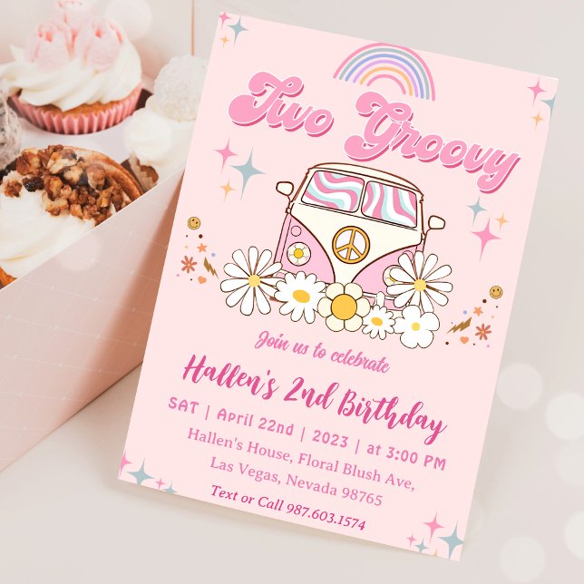 Invitation Deux Super Retro Daisy Rainbow 2e anniversaire (Créateur téléchargé)