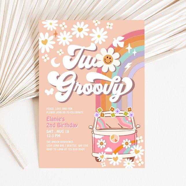 Invitation Deux Super Rose Daisy Rainbow Hippie 2e anniversai (Créateur téléchargé)