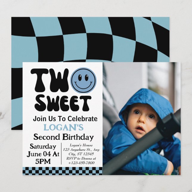 Invitation Deux Sweet Boy 2e photo d'anniversaire (Devant / Derrière)
