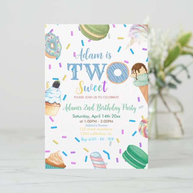 Invitation Deux Sweet Boy Donut Blue Dessert 2e anniversaire (Debout devant)