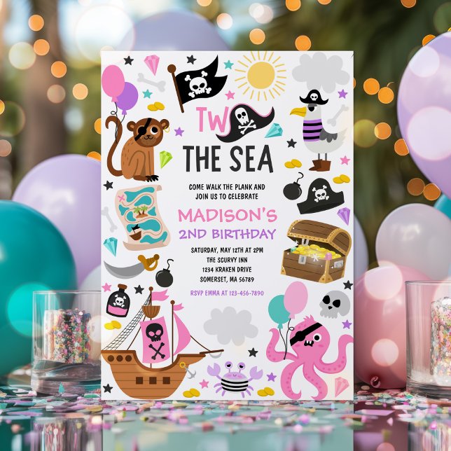 Invitation Deux The Sea Girl Pirate rose 2e fête d'anniversai (Créateur téléchargé)