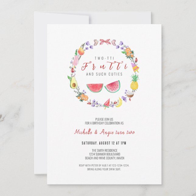 Invitation Deux tti Fruitti Fille Anniversaire, Été 2 Anniver (Devant)