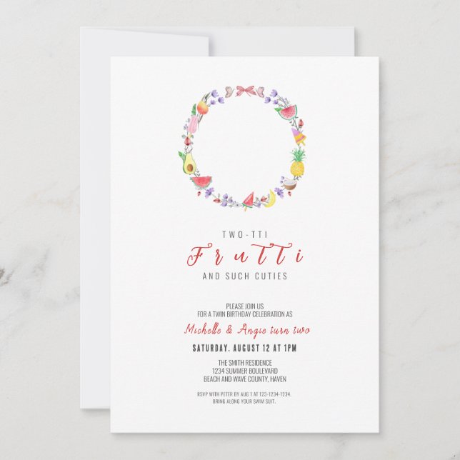 Invitation Deux tti Fruitti Twin Anniversaire, Été 2 Annivers (Devant)