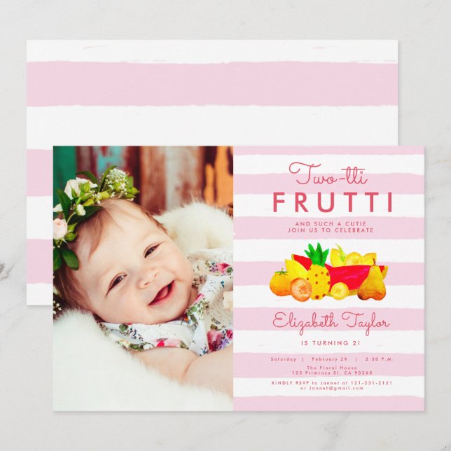 Invitation Deux tti Frutti, photo rose du 2e anniversaire tro (Devant / Derrière)