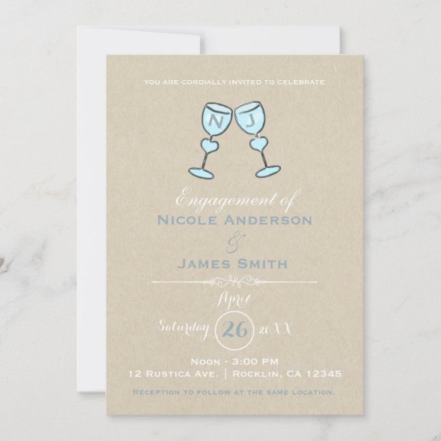 Invitation Deux verres à vin Fiançailles Mariage Whimsical (Devant)