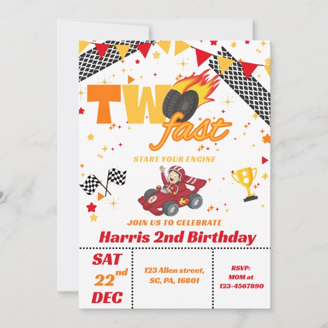 Invitation Deux voitures de course rapide Boy Anniversaire Fê (Devant)