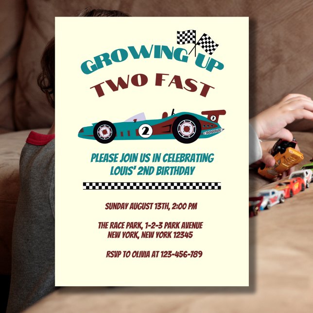 Invitation Deux voitures de course rétro rapide deuxième anni (Growing Up Two Fast Birthday Invitation Card. Perfect theme for those celebrating second birthday ! )