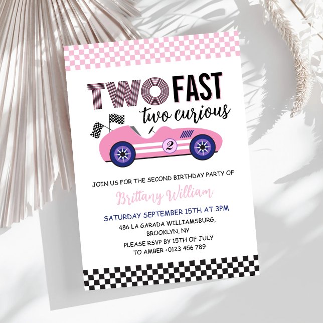 Invitation Deux voitures de course rose rapide deuxième anniv (Créateur téléchargé)