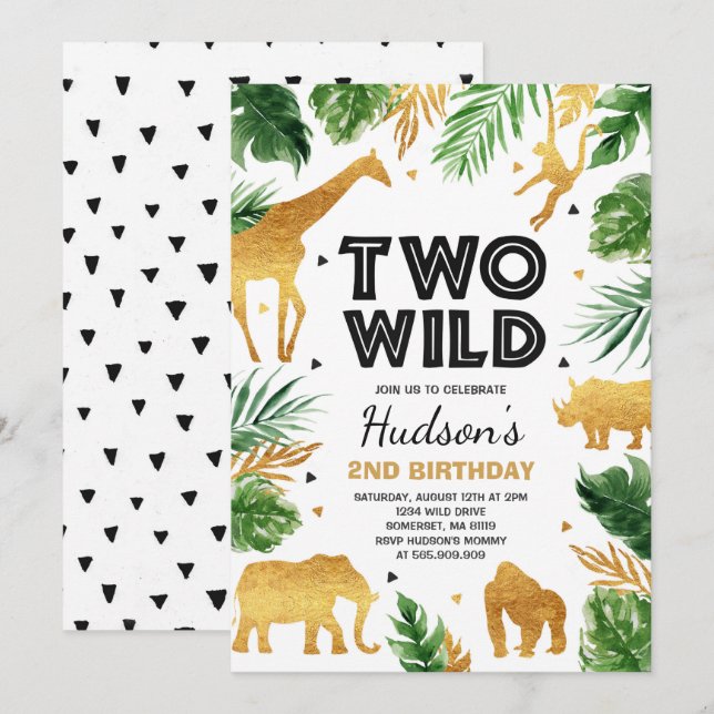 Invitation Deux Wild 2e Anniversaire de safari Animals Party (Devant / Derrière)