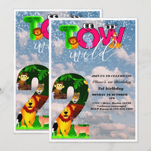 Invitation Deux Wild 2e anniversaire fête Safari Animaux Part (Devant / Derrière)