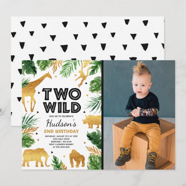 Invitation Deux Wild 2e anniversaire fête Safari Animaux Part (Devant / Derrière)