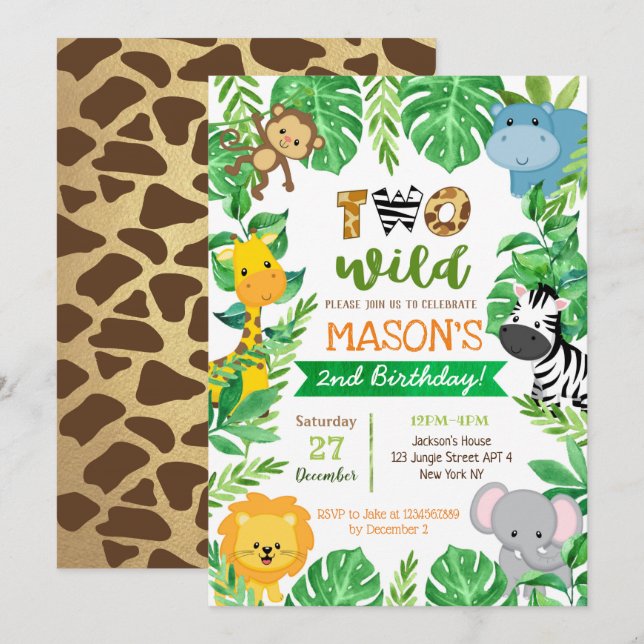 Invitation Deux Wild 2e anniversaire Safari Animaux Invitatio (Devant / Derrière)