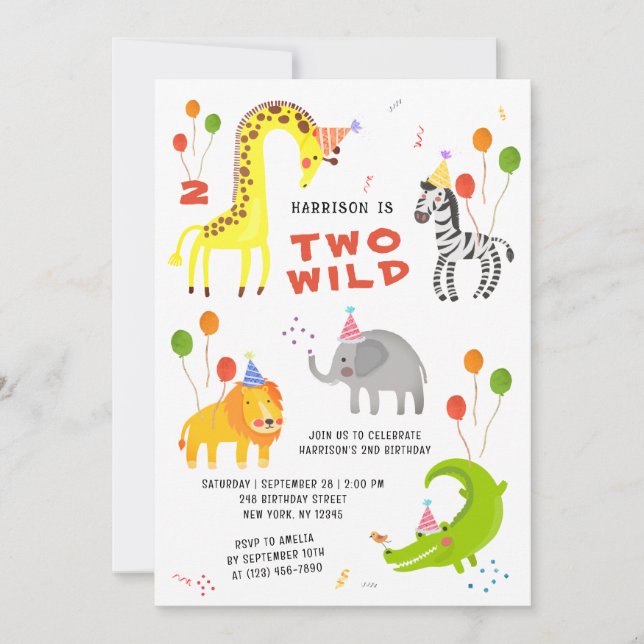 Invitation Deux Wild 2e Anniversaire Safari Animaux mignons P (Devant)