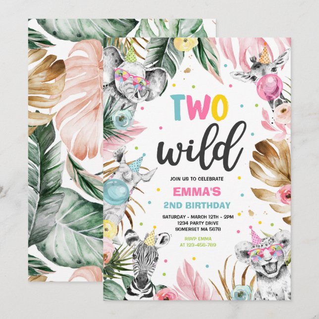Invitation Deux Wild Birthday Gold Safari Jungle Animation (Devant / Derrière)