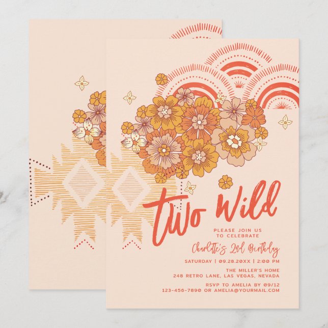 Invitation Deux Wild Boho Floral Super 2e fête d'anniversaire (Devant / Derrière)
