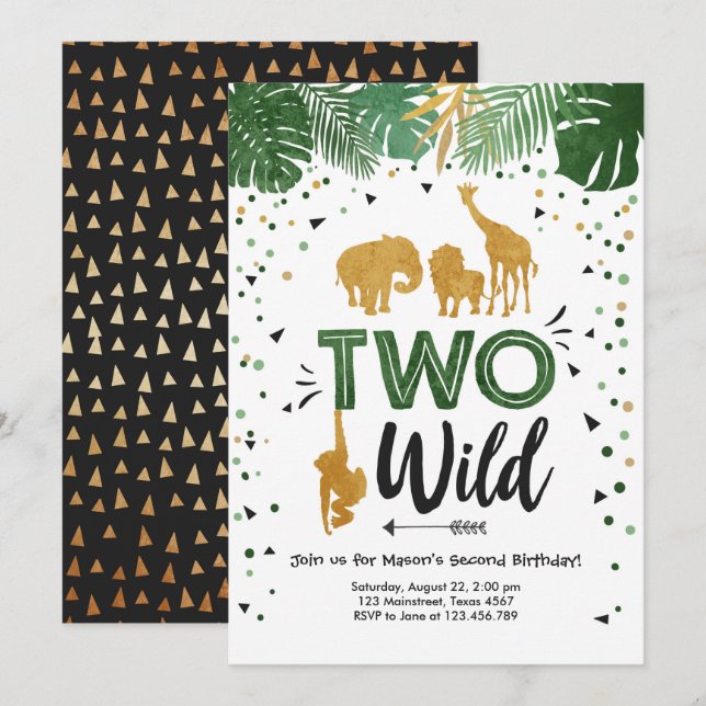 Invitation Deux Wild Safari Gold Boy Animaux fête d'anniversa (Devant / Derrière)