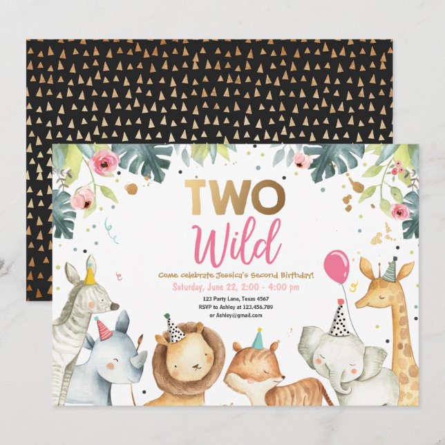Invitation Deux Wild Safari Gold Girls Animaux Anniversaire (Devant / Derrière)