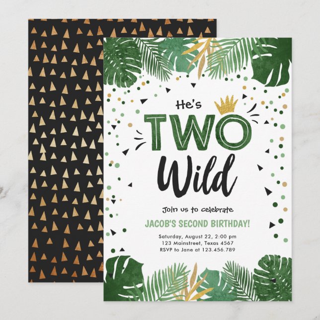 Invitation Deux Wild Tropical Safari Gold Boy Deuxième annive (Devant / Derrière)