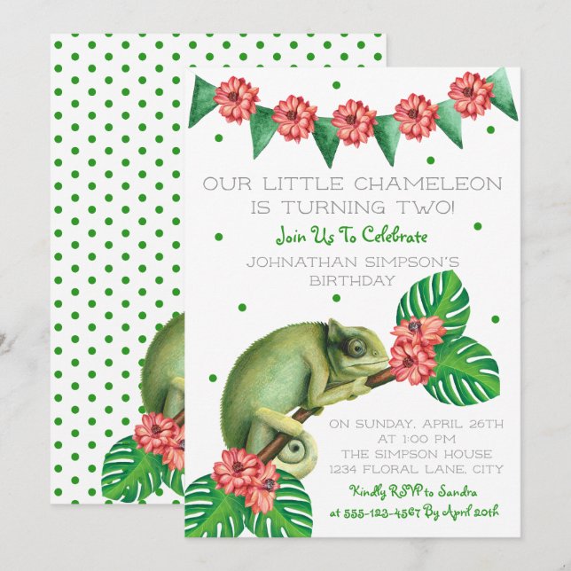 Invitation Deuxième anniversaire de Chameleon Lizard (Devant / Derrière)