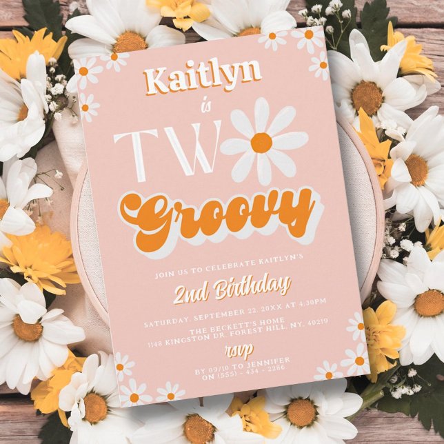 Invitation Deuxième anniversaire de deux filles rétro groovy (Créateur téléchargé)