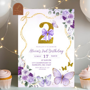 Invitation Deuxième anniversaire de papillon violet Coquette