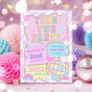 Invitation Deuxième anniversaire Time Two Party Groovy Preppy