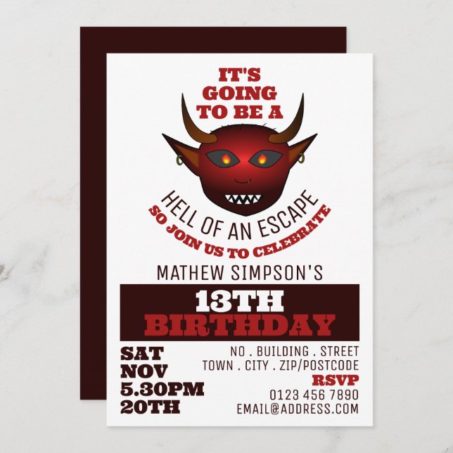 Invitation Devil's Hell Theme, Escape Room Anniversaire (Devant / Derrière)