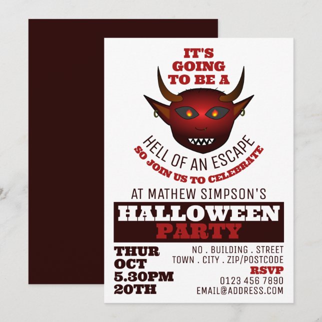 Invitation Devil's Hell Theme, Escape Room Halloween Party (Devant / Derrière)