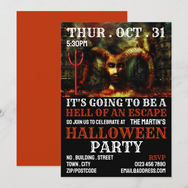 Invitation Devil's Hell Theme, Escape Room Halloween Party (Devant / Derrière)