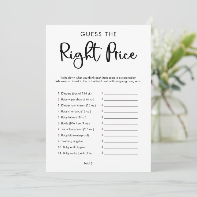 Invitation Devinez le bon prix jeu de baby shower moderne (Debout devant)