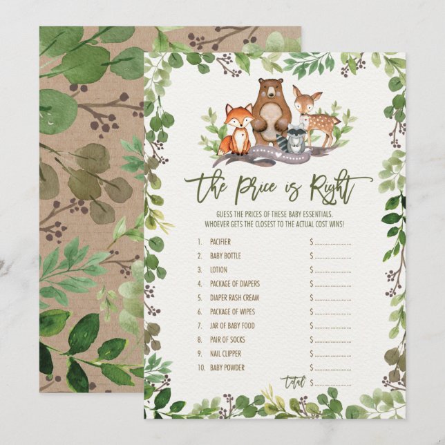 Invitation Devinez le bon prix Woodland Baby shower jeu (Devant / Derrière)
