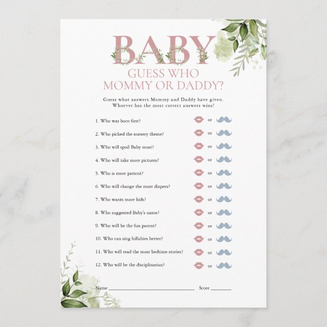 Invitation Devinez Qui Maman Papa Baby shower Vert Jeu (Devant)