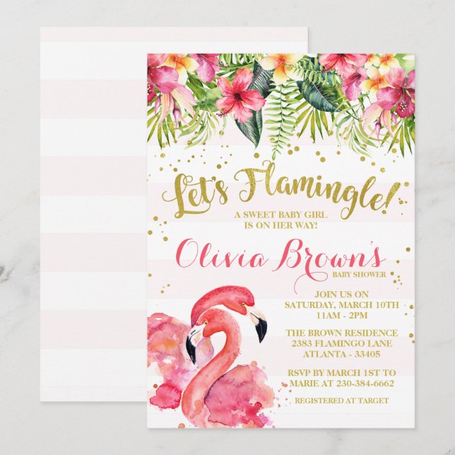 Invitation d'Flamants roses Baby showers Flamingle (Devant / Derrière)