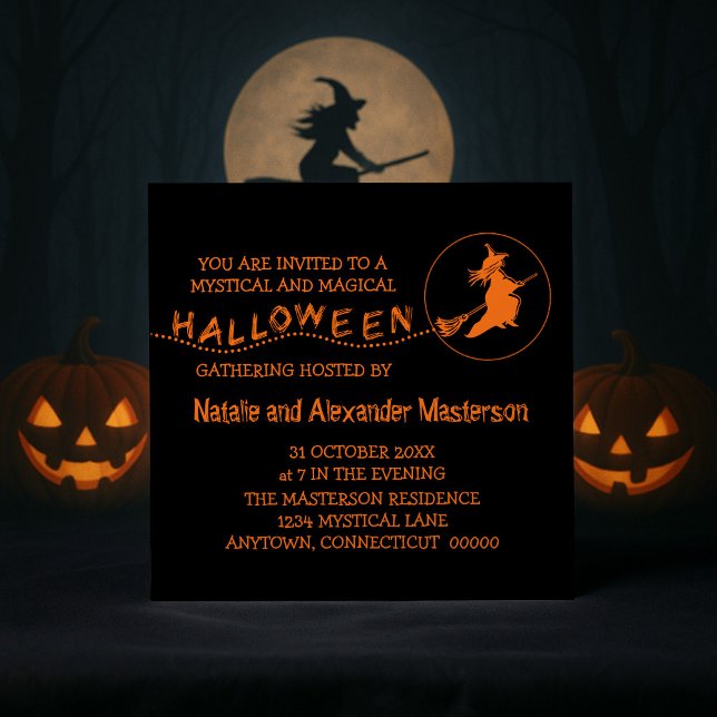 Invitation d'Halloween de Sorcière Volante, noir & (Black and Orange Flying Witch Halloween Party Invite)