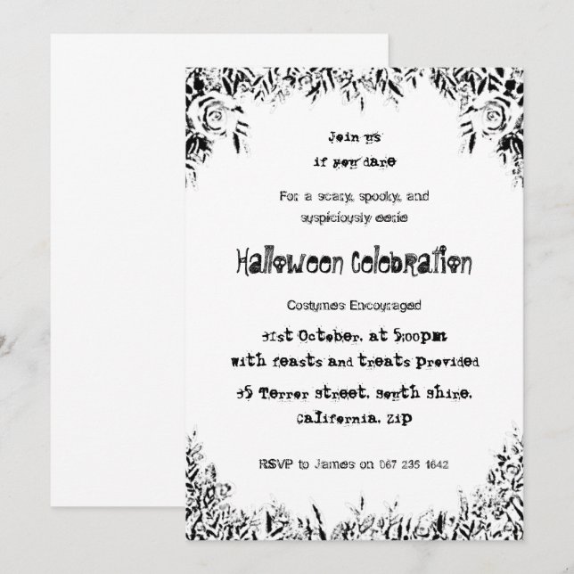 Invitation d'Halloween Éffrayant noir et blanc (Devant / Derrière)